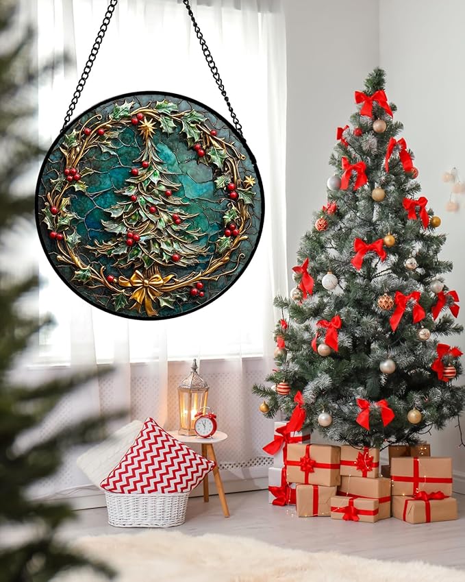 Stained Glass Window Hangings - Red Gold Green Wreath Suncatcher for Door Home Christmas Tree Decoration Sun Catcher Thanksgiving New Year Birthday Gift for Women Men Mom Grandma 11.8 in