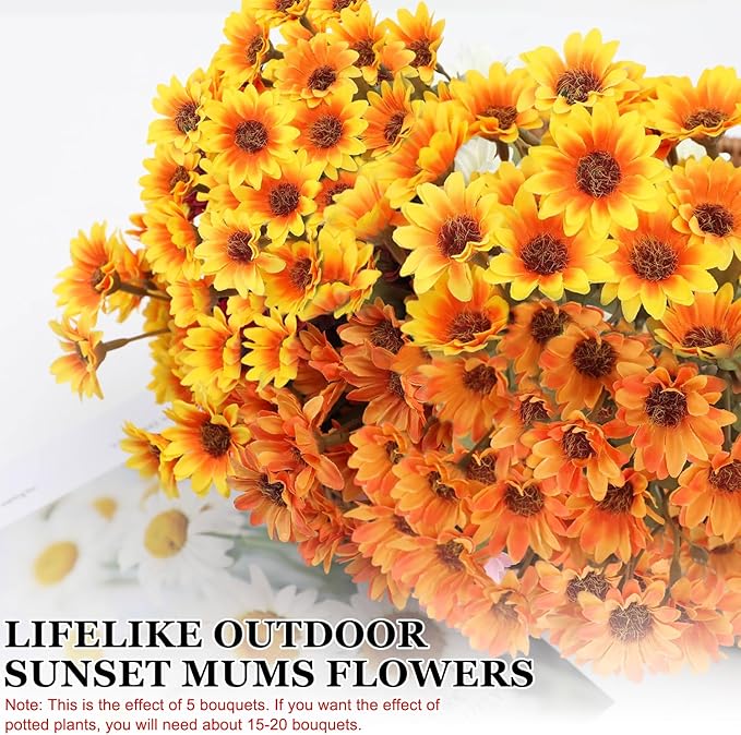 Artificial Mums, Artificial Sunset Mums, Artificial Outdoor Sunset Mum-s Flowers - UV Resistant, Waterproof, Windproof, Reflecting Autumn Vibe (Orange - 5 Bundle)