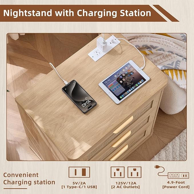 LEYAOYAO Rattan Night Stand with Charger Station, 23" Large 3 Drawer Boho Nightstand, Natural Wood Bedside Table Storage Cabinet, Bed Side End Tables for Bedroom, Living Room, Hallway