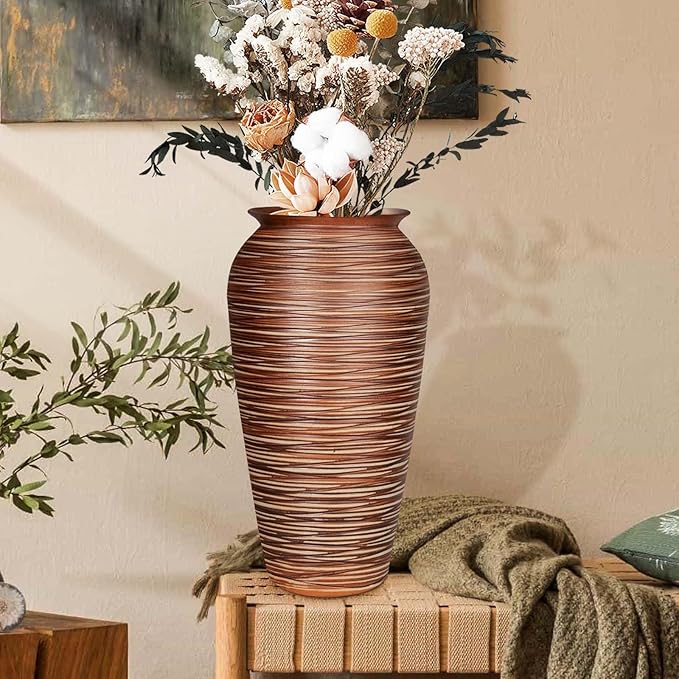 Ceramic Rustic Floor Vase,12" Large Farmhouse Flower Vases for Home Decor,Tall Boho Stain Resistant Decorative Vase for Living Room,Entryway,Office,Shelf,Centerpieces Decor (Goldenbrown)