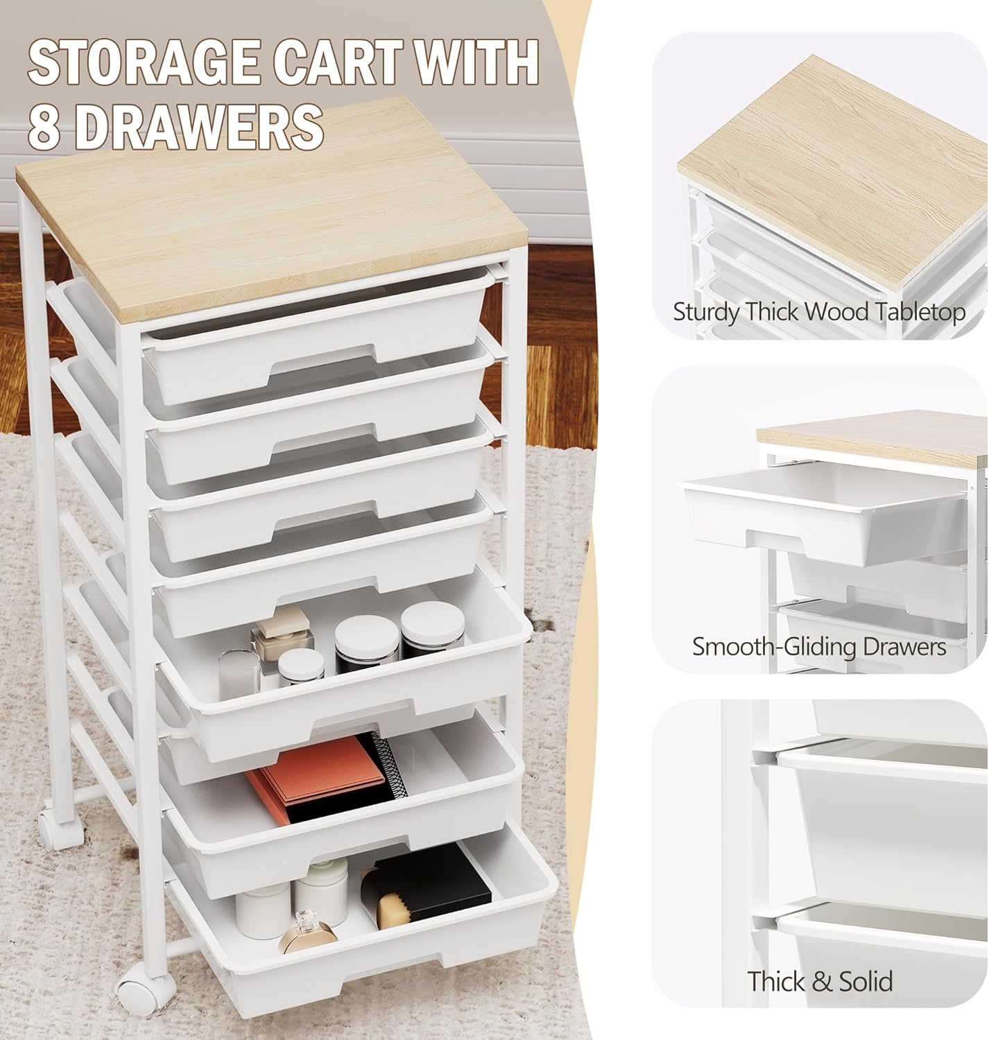 Skiennix Rolling Cart - 8 Drawer Storage Solution with Wooden Tabletop & Lockable Wheels | Versatile for Home & Office