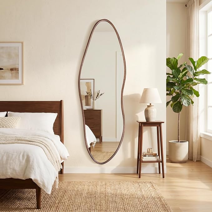 Irregular Full Length Mirror 64"x21", Cloud-Shaped Design with Rounded Oak Hardwood Frame in Black Walnut, Asymmetrical Wall Mirror for Bedroom,Living Room,Cloakroom,Horizontal/Vertical