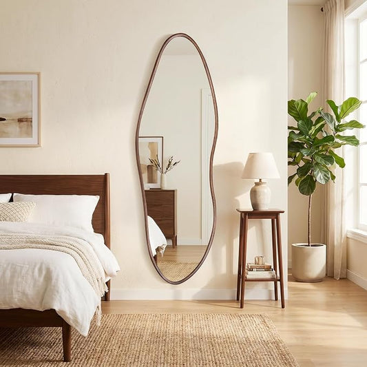 Irregular Full Length Mirror 64"x21", Cloud-Shaped Design with Rounded Oak Hardwood Frame in Black Walnut, Asymmetrical Wall Mirror for Bedroom,Living Room,Cloakroom,Horizontal/Vertical