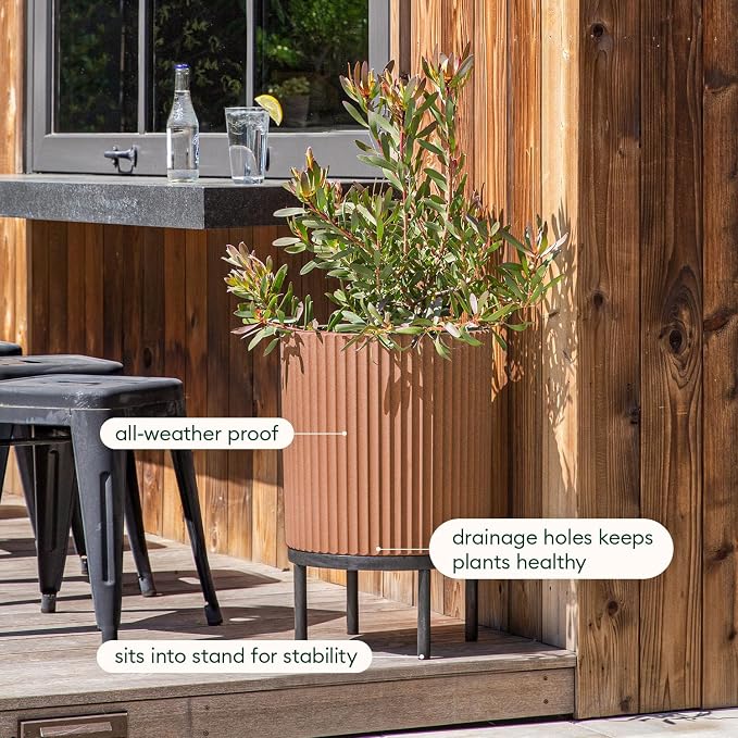 Veradek Demi Series Round Planter w/Stand for Porch/Patio | Durable Plastic-Stone Composite & Wooden Stand | Modern Décor for Tall Plants, Flowers