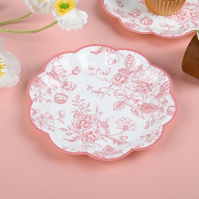 Pink Floral Party Plates Vintage Floral Leaf Disposable Paper Plates Wildflower Pink Toile 7" Scalloped Rim Dessert Plates for Valentines Birthday Bridal Tea Party Supplies (48)