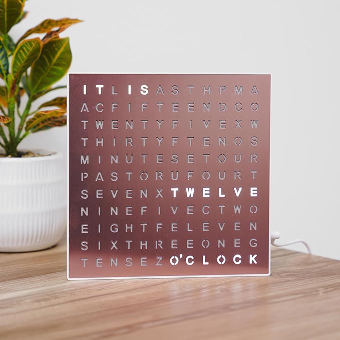 Sharper Image LED Word Digital Clock, 7.75", Rose Gold Finish, Light-Up Desk & Wall Clock, Modern Time Display, Shelf or Wall Decor for Home Office, Living Room, Kitchen & Bedroom, Housewarming Gift