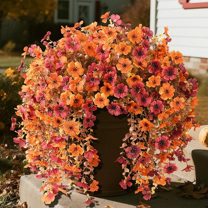 Artificial Faux Mums Fall Flowers for Outdoor Outside Decoration, 2 PCS Fake Silk Daisy Flower Plants Realistic UV Resistant for Home Porch Balcony Patio Autumn Decor (Orange Brown