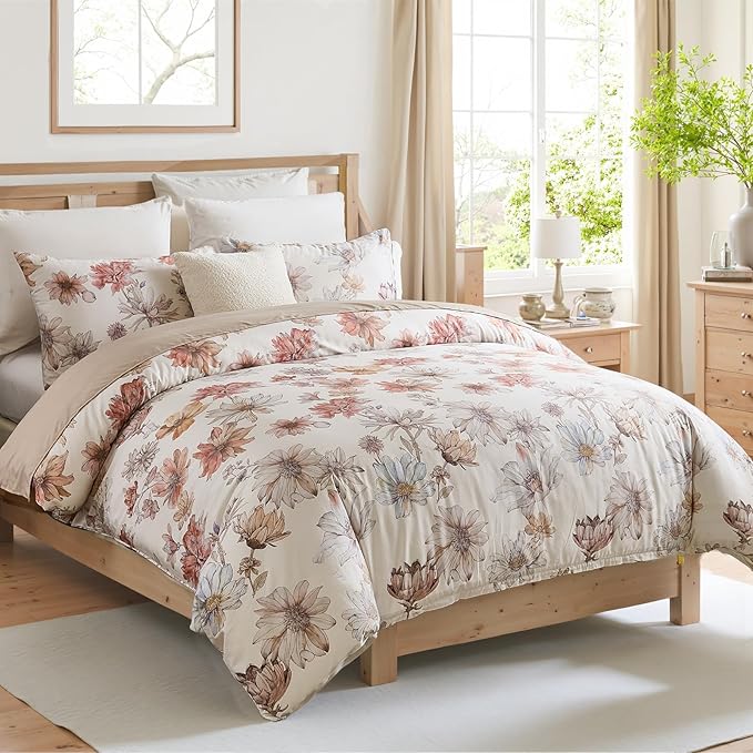 100% Cotton Duvet Cover Queen Size – Cream Hand-Drawn Watercolor Blooms Duvet Cover Set with Zipper Closure & Corner Ties, 3-Piece Luxury & Silky Soft Bedding Set for All Seasons