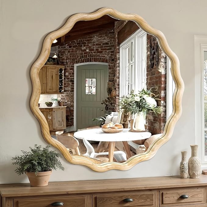Circle Wood Mirrors for Wall, Wavy Round Bathroom Scalloped Mirror Wooden Frame 36 Inch for Living Room Farmhouse Bedroom Hallway Entryway Living Room with Shatterproof Glass Wall Mounted