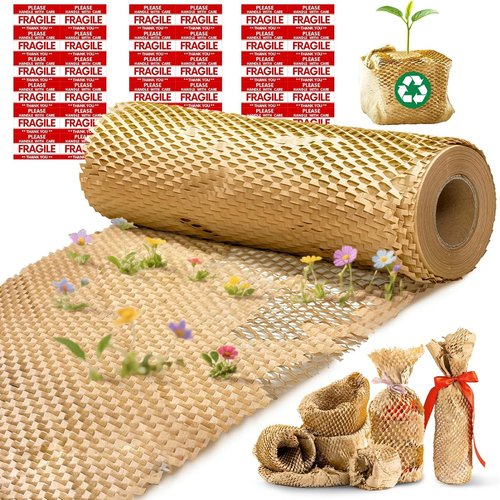 Honeycomb Packing Paper - 12"x200' Brown | Recyclable Perforated Packing Supplies | Eco-Friendly Alternative to Bubble Wrap with 36 Fragile Stickers