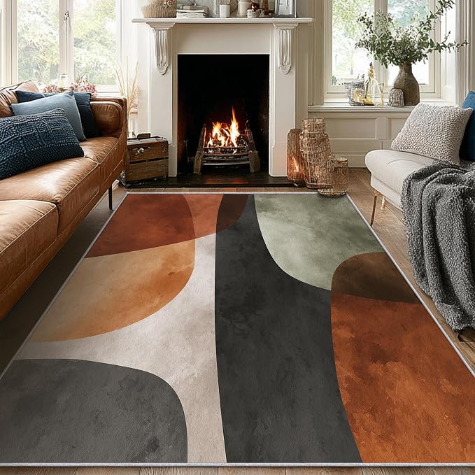 Mid Century Modern Rugs 6x8, Abstract Retro Art Washable 6 x 8 Area Rug for Living Room, Bedroom, Low Pile Non Slip Stain Resistant Carpet, Mid Century Home Decor Accessories & M933