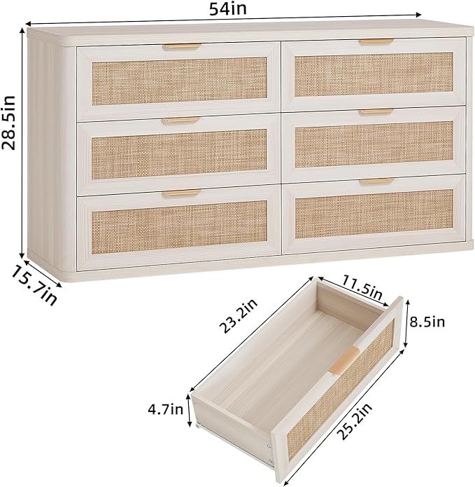 LEYAOYAO Rattan 6 Drawer Dresser for Bedroom Set of 2, Boho 54" Wide White Dresser Chest of Drawers, Dressers TV Stand with Metal Handle, Storage Dressers Closet Organizer for Living Room, Hallway