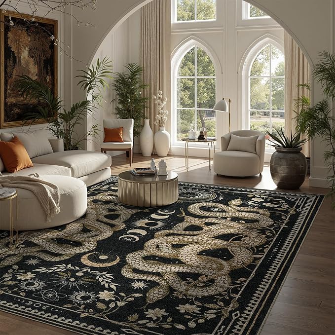 DCX Washable 3x5 Snake Rug, Black Gothic Rug for Living Room, Soft Low Pile Carpet, Kid & Pet Friendly with Rubber Back Non Slip, Stain Resistant Rug for Bedroom Dining Room Office