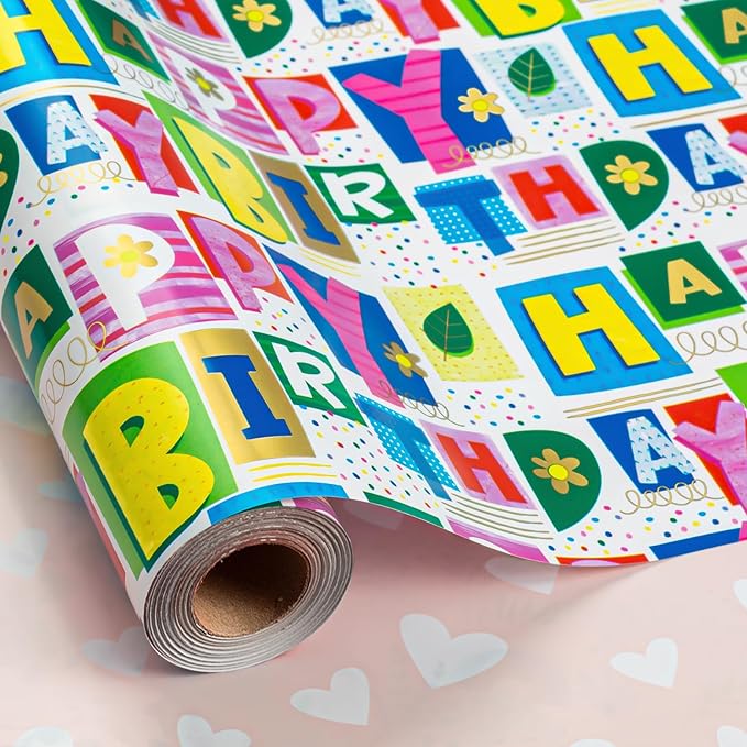 Homeral Reversible Wrapping Paper - Colorful Happy Birthday Letterings & Pink Heart Girly Gift Wrap for, Baby Shower, Party Gift Wrapping - Mini Roll Wrapping Paper - 17in x 33ft