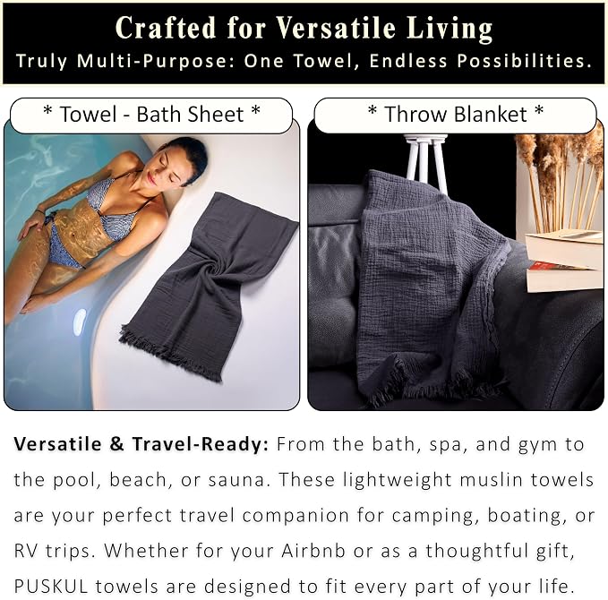 PÜSKÜL - Premium 2-Piece Oversized Muslin Bath Towel for Adult 35x70 Extra Large Bath Sheets | Natural 100% Turkish Cotton Soft Absorbent Quick-Dry Light Spa & Beach Towels(Pack of 2, Anthracite)