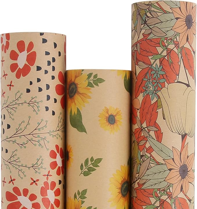 Aimyoo Kraft Floral Wrapping Paper Bundle, Vintage Spring Flowers Rose Gift Wrap Paper for Wedding Bridal Shower Birthday, 3 Rolls 17 in x 12 ft per Roll