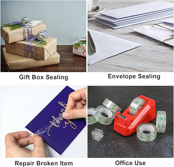 BOMEI PACK Cute Red Desk Tape Dispensers, 1 Pack with 12Rolls Transparent Tape, 1 Inch Core, for School, Office and Home DIY
