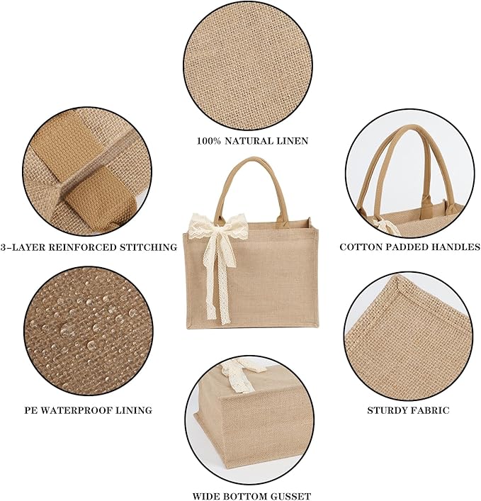 8pcs Burlap Tote Bag Set with Handles, Waterproof Reusable Blank Water Resistant Grocery Bags with Ribbon Large Jute Tote 15.35*6*12 In for Women Bridesmaid Gift Christmas Shopping Wedding Travel DIY