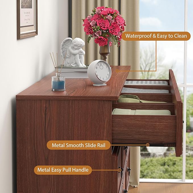 63”W Dressers for Bedroom, Long Dresser with 10 Deep Drawer, Dressers & Chests of Drawers for Clothes, Easy Pulls Handle, Textured Borders, for Living Room, Hallway,Cherry Wood