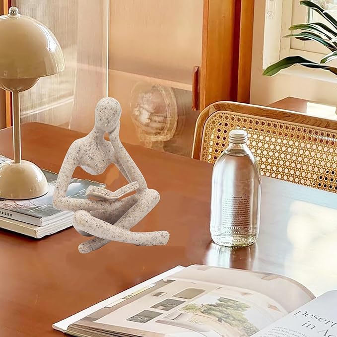 Reading Thinker Statue, Sculptures Abstract Art Ornament, Modern Aesthetic Figurine Decoration Set of 2 Status for Home Living Room Bedroom Office Shelf Table Desk Bookshelf Decor (Sandstone)