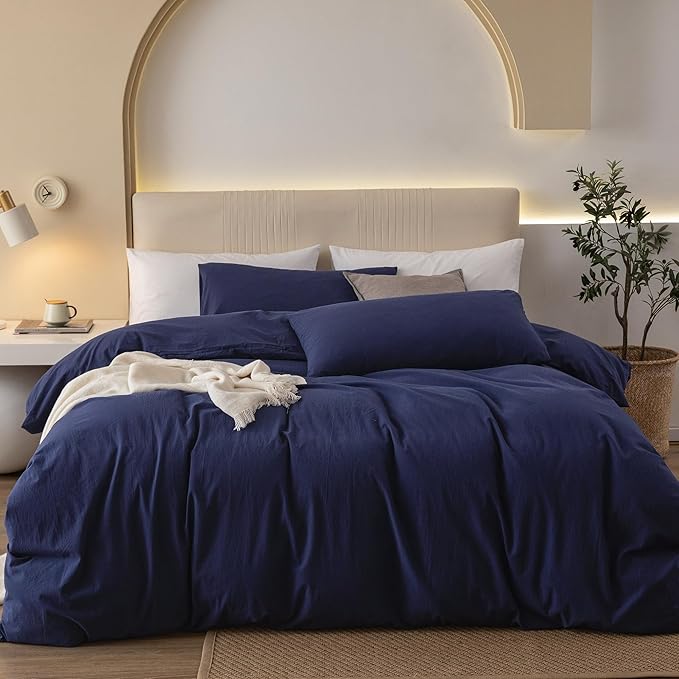 JIYUAN 100% Washed Cotton Duvet Cover Set 3 Pieces Full, 1 Duvet Cover 80x90 Inches(Comforter Not Included) and 2 Pillowcases,Linen Feel Bedding Set Comfy and Breathable,Navy Blue
