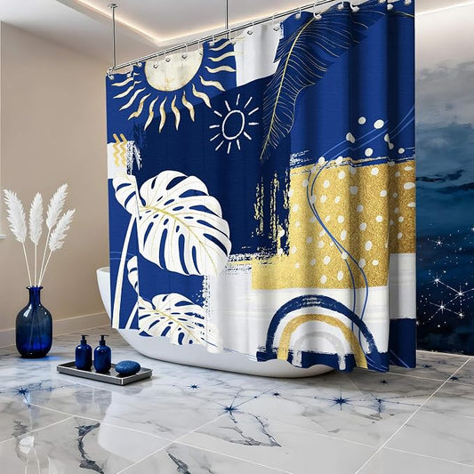 Extra Long Shower Curtain Extra Tall Blue and White XL Navy Blue and Gold Abstract Shower Curtains for Large Bathroom Decor Sets, Waterproof Cloth Fabric with Hooks, 108x72 Inch