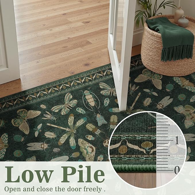 DCX 4x6 Washable Insect Rug, Vintage Gothic Dark Green Rug with Non-Slip Rubber Backing, Soft Low-Pile, Stain-Resistant, Kid & Pet Friendly, for Living Room, Bedroom, Office, and Nature-Themed Decor