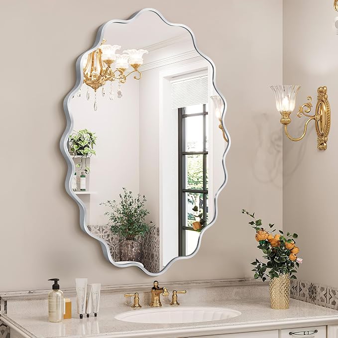 Oval Wavy Wall Mirror -Irregular Wall Mirror with Silver Asymmetrical Aluminum Alloy Frame,22"x30" Decorative Wall Mirrors for Bathroom, Bedroom, Living Room, Dining Room，Entryway