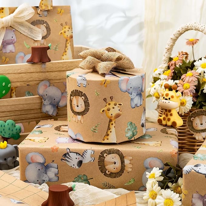 Burymento Kraft Animal Wrapping Paper, Cut Auxiliary Line Design Gift Wrap for Baby Shower, Birthday, Valentines, Mothers day, Graduation, Wedding, Fathers day, Christmas (17 Inch X 32.8 Ft)