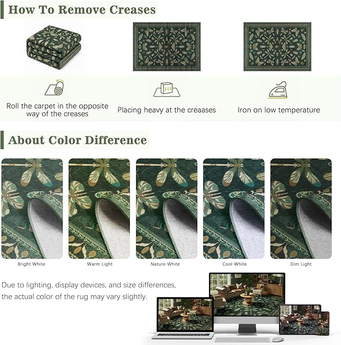 DCX 6x9 Washable Insect Rug, Vintage Gothic Dark Green Rug with Non-Slip Rubber Backing, Soft Low-Pile, Stain-Resistant, Kid & Pet Friendly, for Living Room, Bedroom, Office, and Nature-Themed Decor
