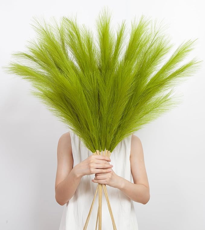 9 Pcs 45" Tall Pampas Grass Green Decor, Long Stem Artificial Flower Floor Vase Large Faux Floral Pompas Fake Plants Dried Bouquet Arrangement Vase Filler for Boho Home Wedding Decoration