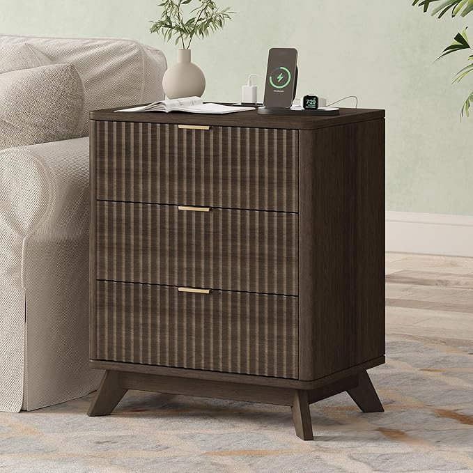 30" Tall Fluted NightStand,3 Drawers End Table with Charging Station,Modern Side Table with Storage, Night Stand Wood Bedside Tables for Bedroom,Curved Profile Design,Walnut