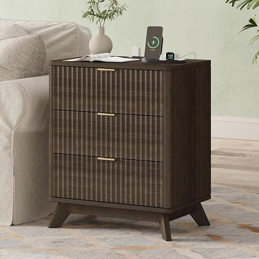 30" Tall Fluted NightStand,3 Drawers End Table with Charging Station,Modern Side Table with Storage, Night Stand Wood Bedside Tables for Bedroom,Curved Profile Design,Walnut
