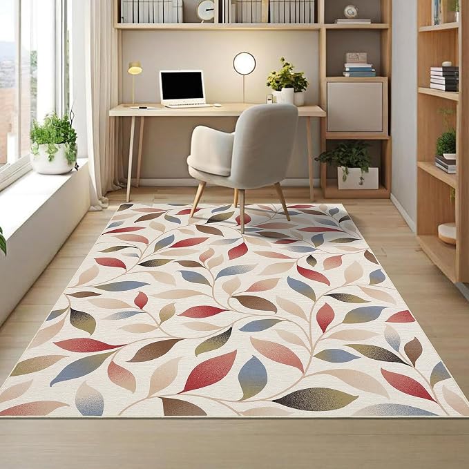 9x12 Area Rug Washable Boho Vintage Rug for Living Room Low Pile Soft Bedroom Rugs Non Slip Boho Indoor Large Carpet Thin Foldable Distressed Leaves Carpet for Nursery Dining Room Playroom, Beige Red