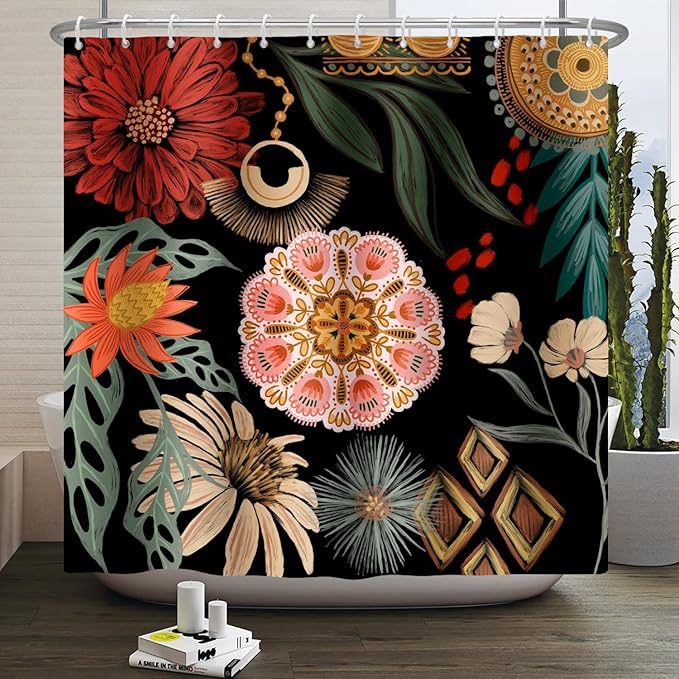 Black Boho Floral Shower Curtain Abstract Botanical Mid Century Modern Bathroom Decor Tropical Flower Shower Curtain with 10 Hooks,60x72 inches