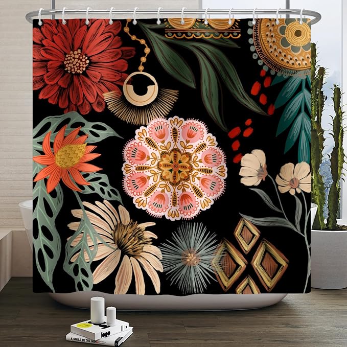 Black Boho Floral Shower Curtain Abstract Botanical Mid Century Modern Bathroom Decor Tropical Flower Shower Curtain with 12 Hooks,72x72 inches