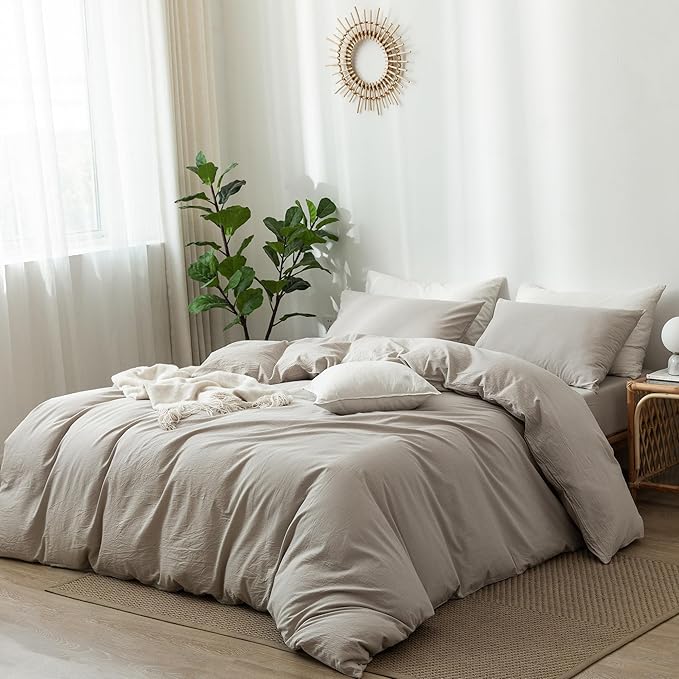 MooMee Bedding Duvet Cover Set 100% Washed Cotton Linen Like Textured Breathable Durable Soft Comfy (Heathered Cream Grey, Palatial King/Oversized King 120"x98")