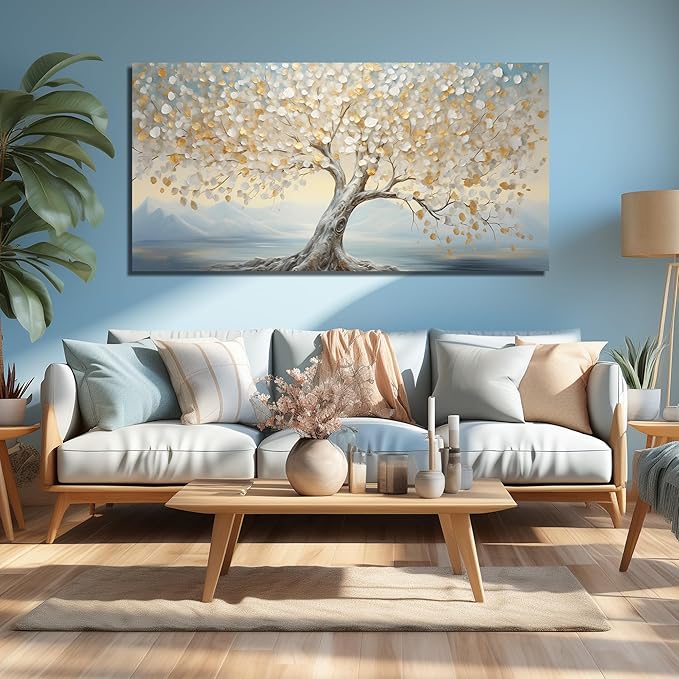 Large Tree Decor Art Bedroom Gold Canvas Wall Decor Light Blue Picture Wall Art for Living Room Office 29" x 59" White Artwork Poster