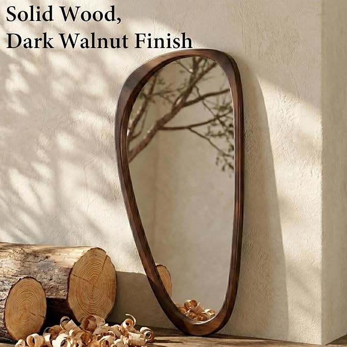 Solid Wood 48"x24" Large Full Length Irregular Mirror, Aesthetic Mid-Century Modern Statement Wall-Mounted Mirror, Modern Organic Asymmetrical Wooden Mirror, Dark Walnut