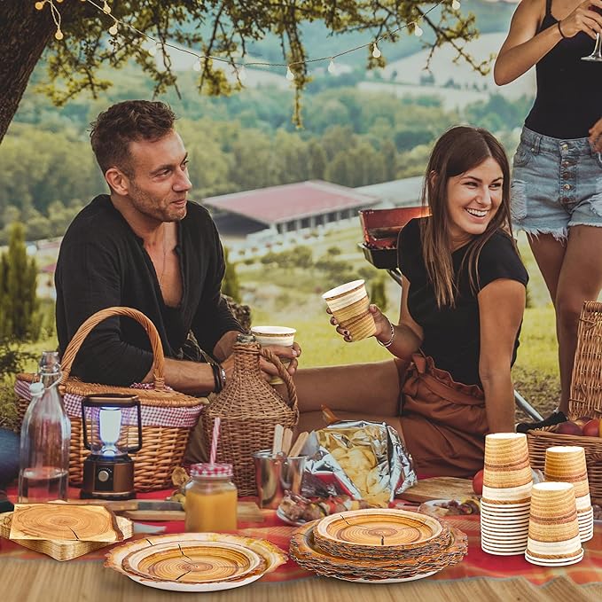 96 Pieces Camping Wood Grain Slice Tableware Set Rustic Wood Party Supplies Including Paper Plates Cups Napkins Serves 24 Guests for Hunting Baby Shower Lumberjack Birthday Party