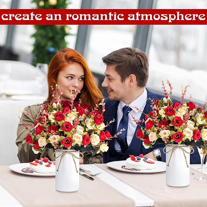 6 Set Fake Flower in Vase, Artificial Flowers with Vase, Centerpiece Table Decorations with 6 Pcs 6 Inch Large Vases and 12 Pcs Mixed Colors Silk Rose Bouquet for Wedding Home Office Farmhouse Decor