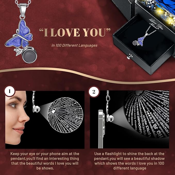 DRTINA Preserved Blue Real Rose with I Love You Butterfly Necklace-Eternal Flowers Rose Birthday Gifts for Women Wife Mom Girlfriend Grandma on Mothers Day Valentines Anniversary Christmas Romantic