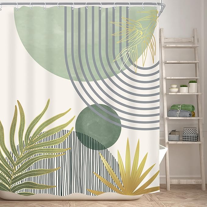 KOMLLEX Mid Century Mint Green Boho Shower Curtain 60Wx72L Inches Abstract Modern Shower Curtains for Bathroom Decor Plant Botanical Minimalist Arch Sun Fabric Liner Waterproof Polyester 12 Pack Hooks