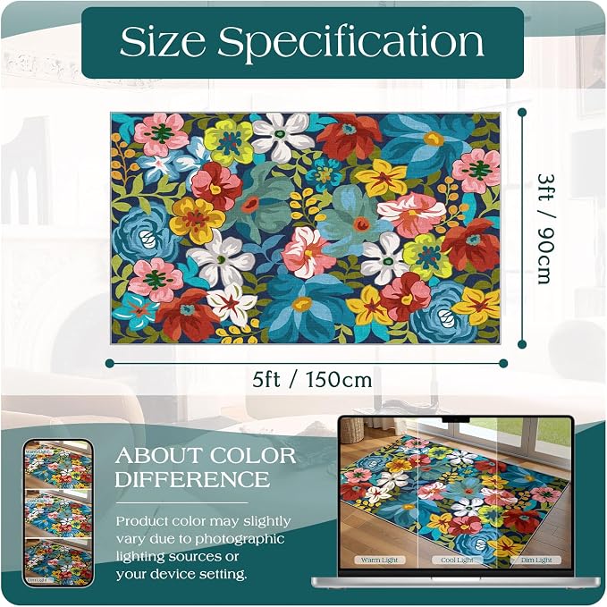 3x5 Boho Entry Rug - Small Washable Indoor Outdoor Mats for Front Door Non-Slip Porch Rug Spring Summer Colorful Floral Throw Rugs for Living Room Bedroom Entryway Kitchen Office Porch Decor