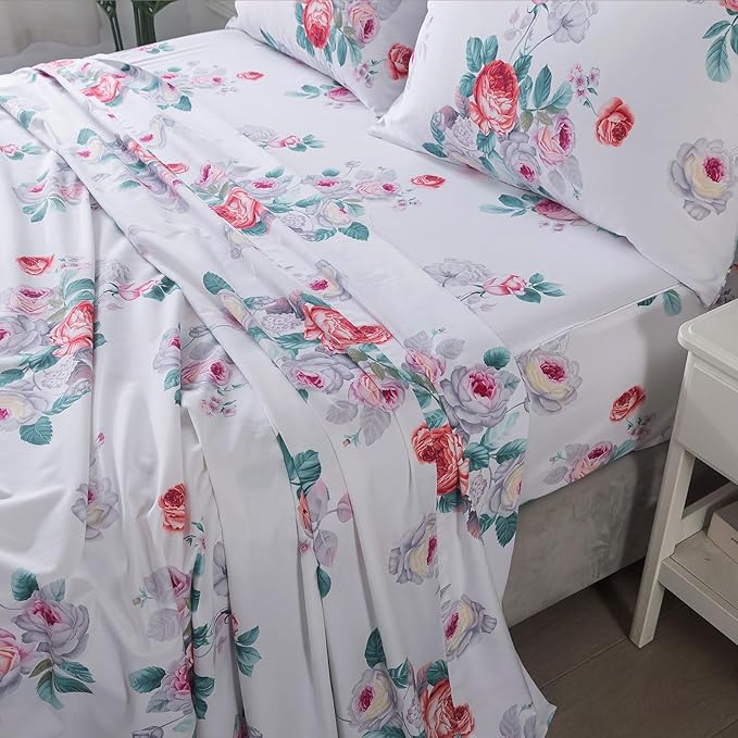 FADFAY Red Vintage Peony Floral King Size Sheets Set 100% Brushed Cotton Shabby Purple Rose Pattern Bedding Set Deep Pocket Sheets with 2 Pillowcases Luxury Breathable Soft 4pcs, King Size