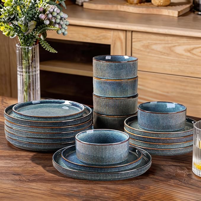 GBHOME 18-Piece Stoneware Dinnerware Set for 6 – Ribbed Ceramic Plates and Bowls, Scratch-Resistant, Microwave & Dishwasher Safe, Reactive Glaze, Ceylon Blue