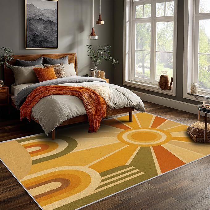 Golden Sunburst Area Rug 6x8, Mid Century Modern Retro Geometric Rug, 70s Style Abstract Washable Low Pile Non Slip Rug for Living Room Bedroom