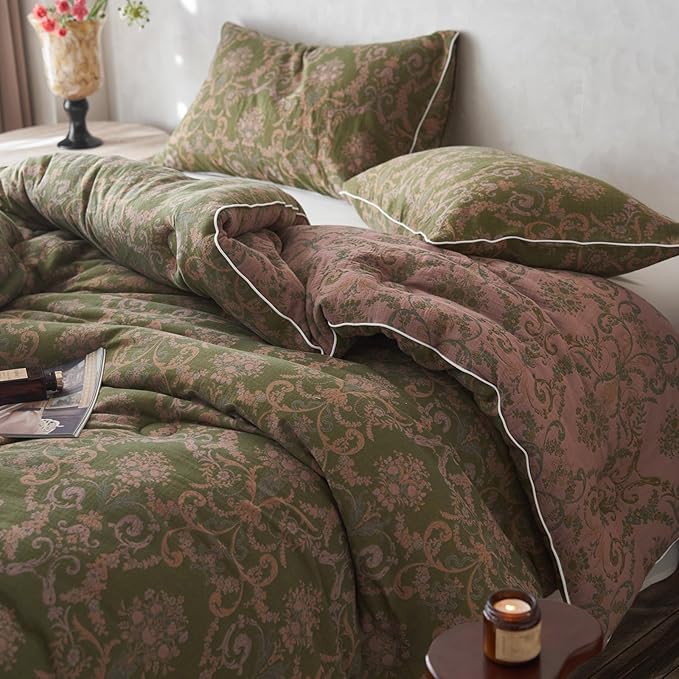 HighBuy Queen Comforter Set Muslin Cotton Bedding Set Paisley Floral Print Comforter Luxury Breathable Boho Comforter Sets Green,1 Lightweight Comforter (90"x90") and 2 Pillowcases (20"x26")