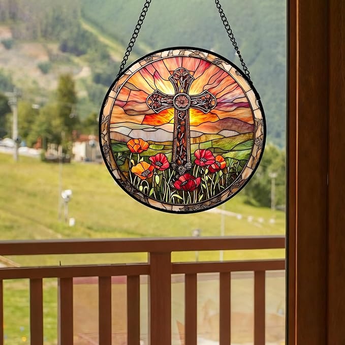 Christian Gifts for Women - Cross Stained Glass Window Hanging Jesus Easter Poppy Sunset Landscape Sun Catcher Garden Religion Decor Mother's Day Catholic Gift for Men Grandma Mom Her 11.8"