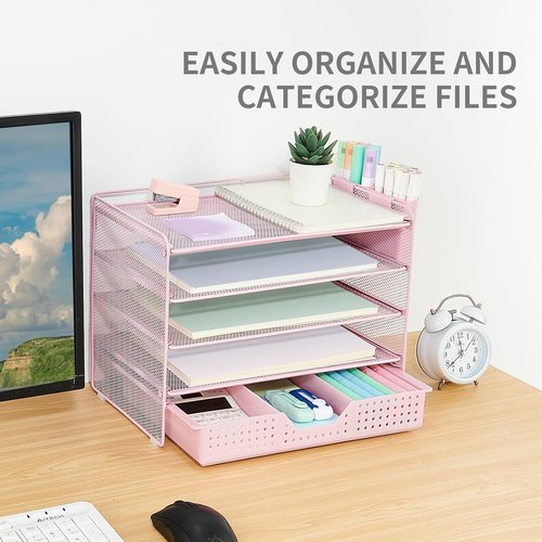LEKETREE Desk Organizer - 5-Tier Paper Letter Tray with Drawer & 2 Pen Holders | Pink Office Supplies